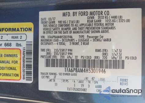 2017 Ford Mustang V6 z USA, uszkodzony, nr VIN 1FA6P8AM4H5301946